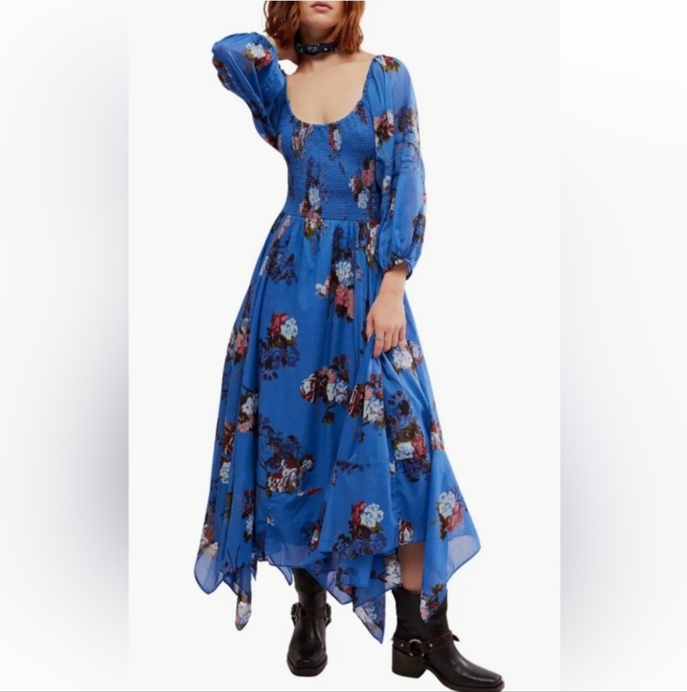 Free People Morning Glory Maxi Peasant Floral Smocked Handkerchief Hem Small